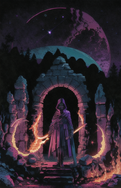 00907-192345721-a cloaked figure standing in front of a stone archway holding an orange burning ember, the moon and many stars hang in the night.png